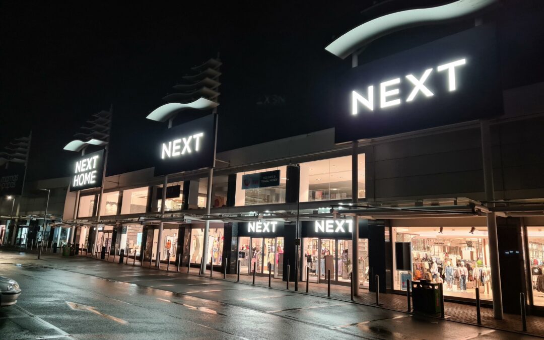 Next store front flex box signs with illuminated letters